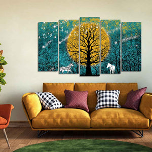 Beautiful White Horses in Forest Premium Wall Painting Set of Five Pieces