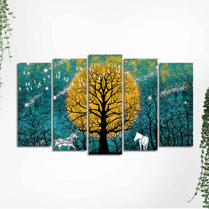 Beautiful White Horses in Forest Premium Wall Painting Set of Five Pieces