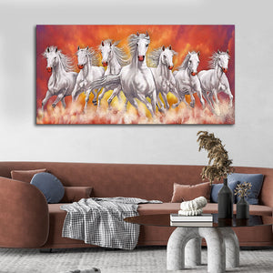 Beautiful White Seven Running Horse Premium Canvas Wall Painting