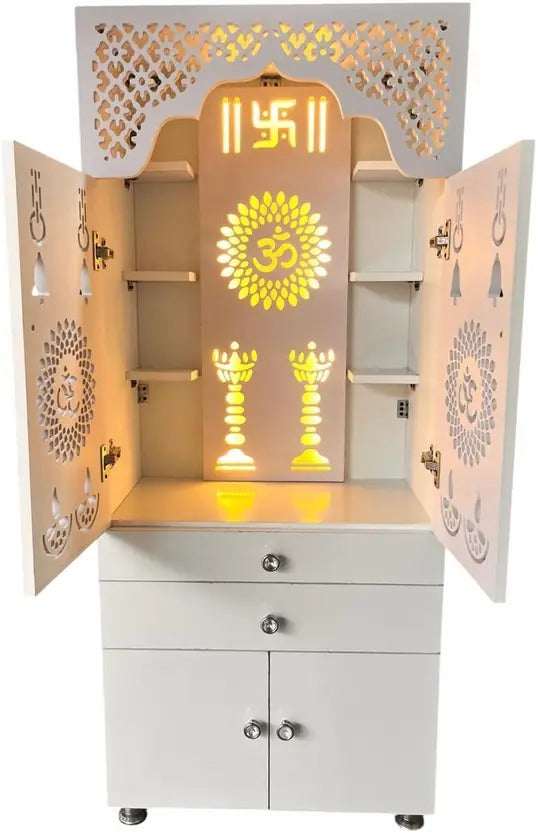 Beautiful White Wooden Floor Temple for Home & Office with LED Swastik OM Panel Drawer & Cabinet Storage