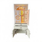 Beautiful White Wooden Floor Temple for Home & Office with LED Swastik OM Panel Drawer & Cabinet Storage