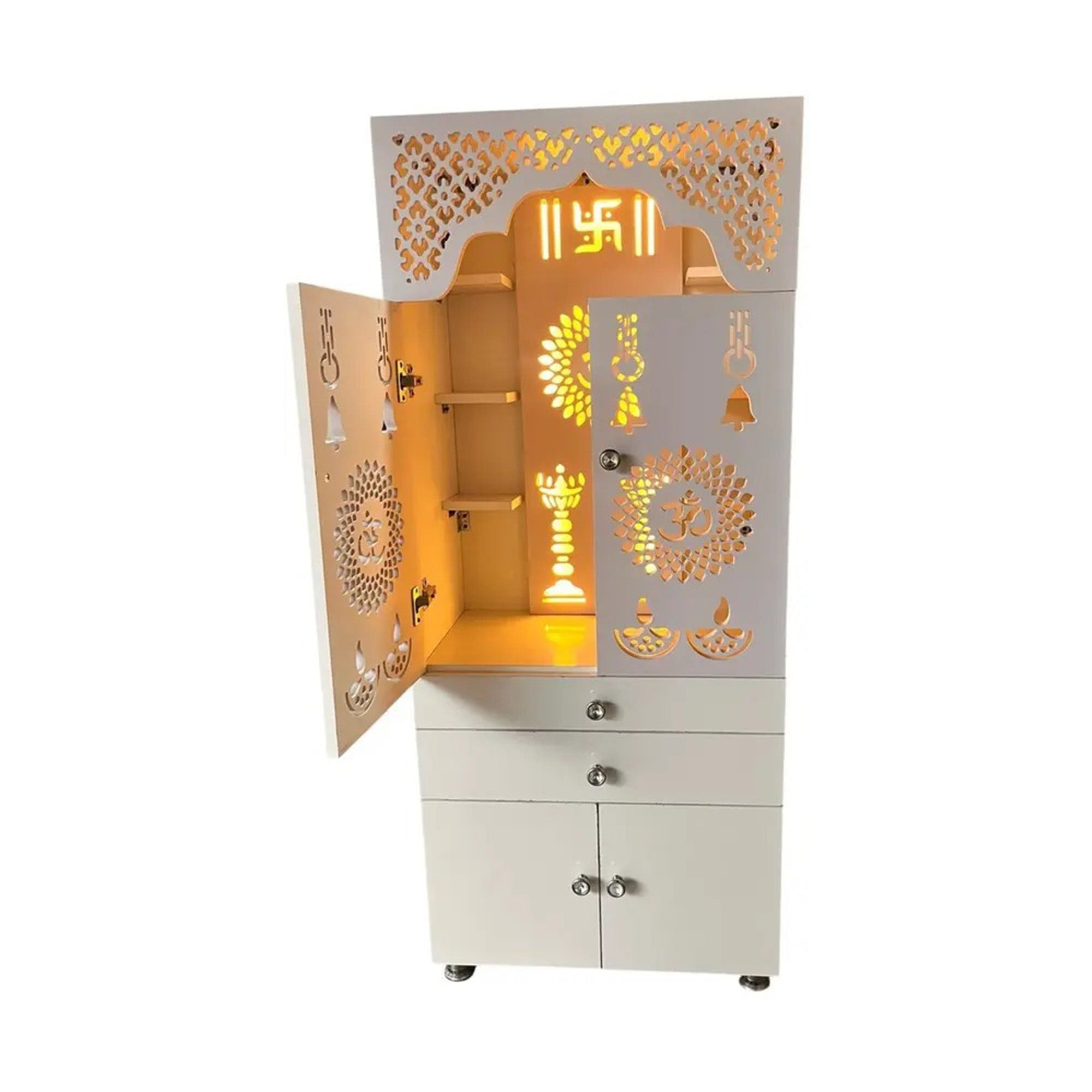 Beautiful White Wooden Floor Temple for Home & Office with LED Swastik OM Panel Drawer & Cabinet Storage