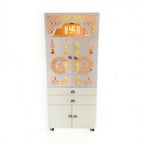 Beautiful White Wooden Floor Temple for Home & Office with LED Swastik OM Panel Drawer & Cabinet Storage