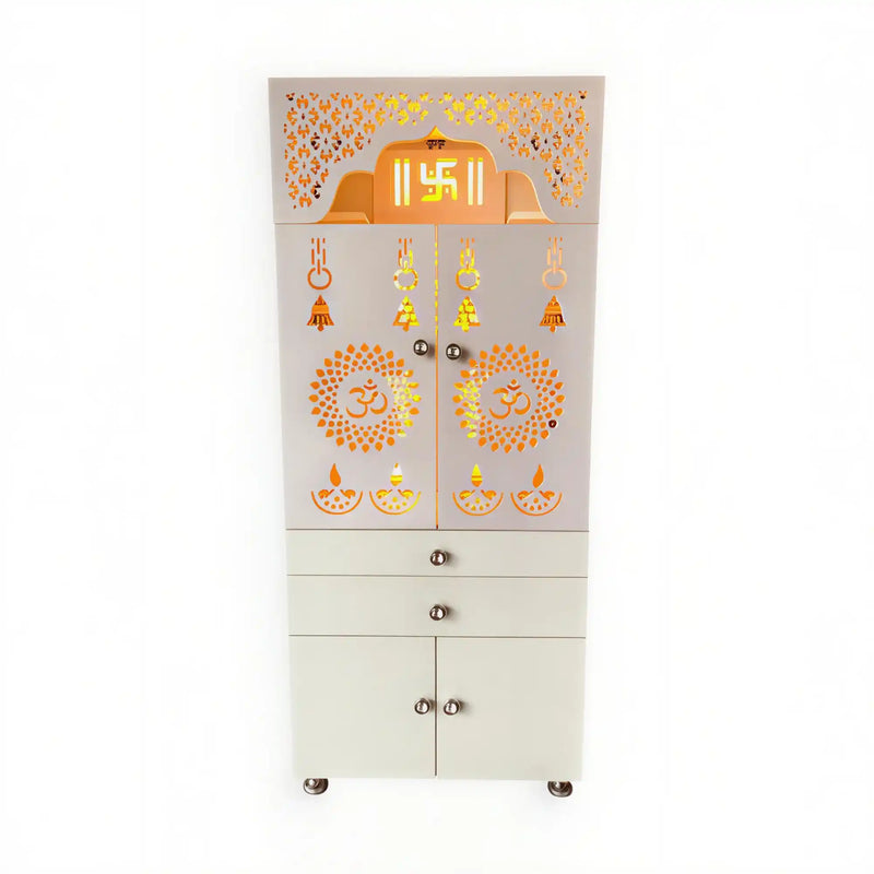 Beautiful White Wooden Floor Temple for Home & Office with LED Swastik OM Panel Drawer & Cabinet Storage