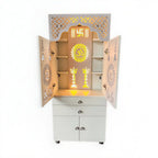 Beautiful White Wooden Floor Temple for Home & Office with LED Swastik OM Panel Drawer & Cabinet Storage