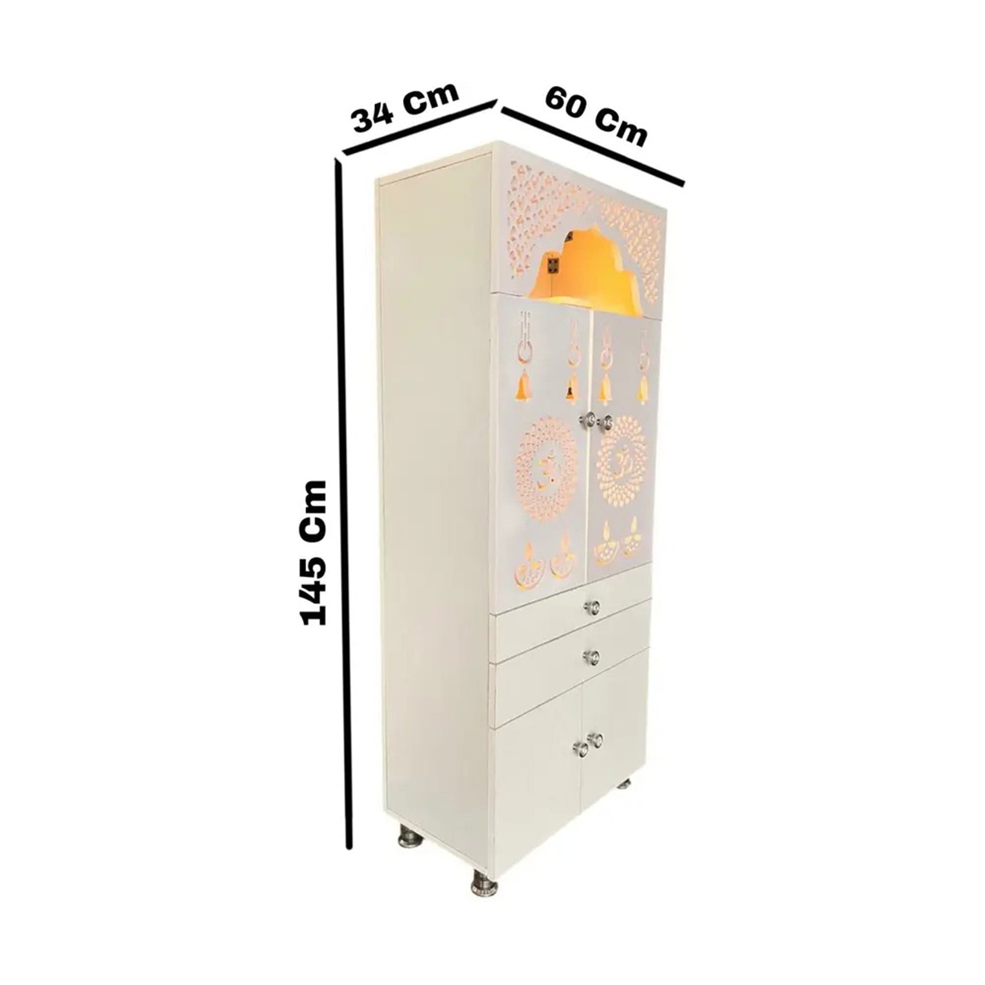 Beautiful White Wooden Floor Temple for Home & Office with LED Swastik OM Panel Drawer & Cabinet Storage