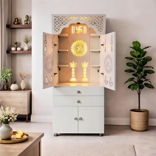 Beautiful White Wooden Floor Temple for Home & Office with LED Swastik OM Panel Drawer & Cabinet Storage