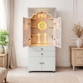 Beautiful White Wooden Floor Temple for Home & Office with LED Swastik OM Panel Drawer & Cabinet Storage
