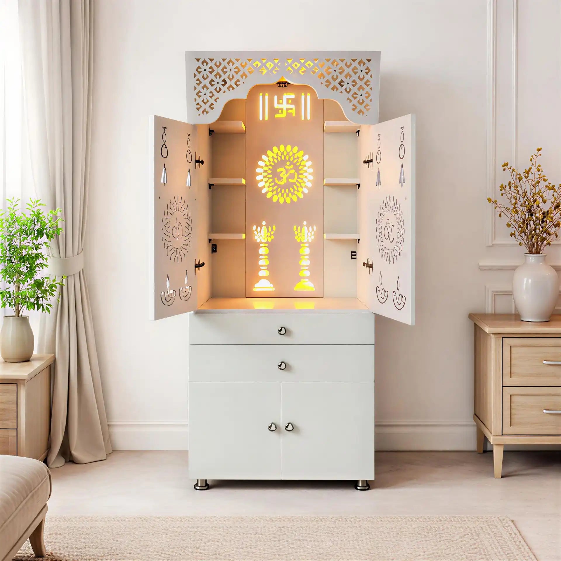 Beautiful White Wooden Floor Temple for Home & Office with LED Swastik OM Panel Drawer & Cabinet Storage