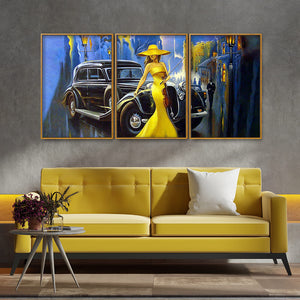 Beautiful Woman with Car Floating Canvas Wall Painting Set of Three