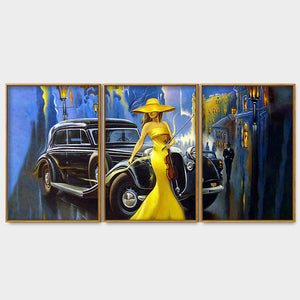 Beautiful Woman with Car Floating Canvas Wall Painting Set of Three