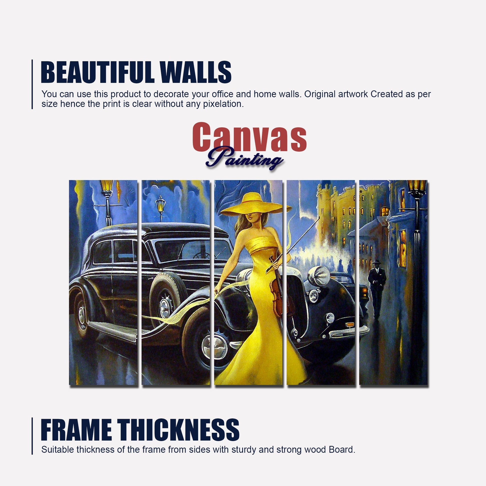 Beautiful Women with car Canvas Wall Painting 5 Pieces