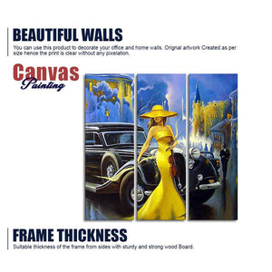 Beautiful Women with Car Panoramic 3 Pieces Wall Painting