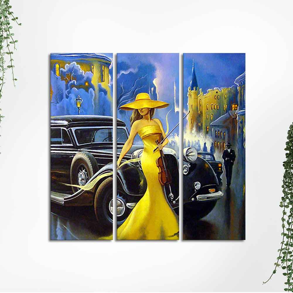 Beautiful Women with Car Panoramic 3 Pieces Wall Painting