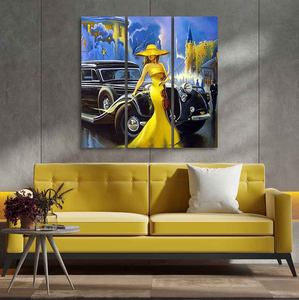 Beautiful Women with Car Panoramic 3 Pieces Wall Painting