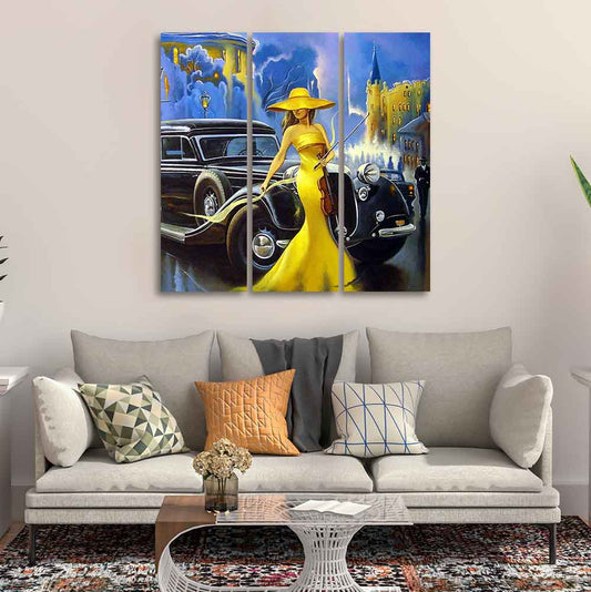 Beautiful Women with Car Panoramic 3 Pieces Wall Painting