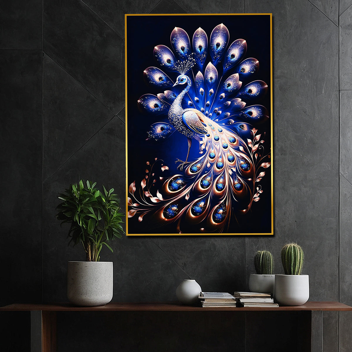 Beauty of Starry Peacock Framed Crystal Glass Painting