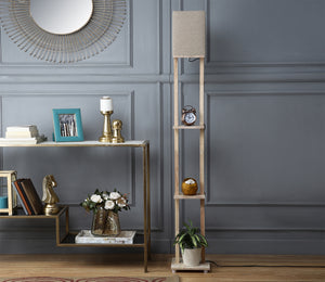 Beige Color Cotton Shade 3 Tier Shelf Storage Solid Wooden Floor Lamp