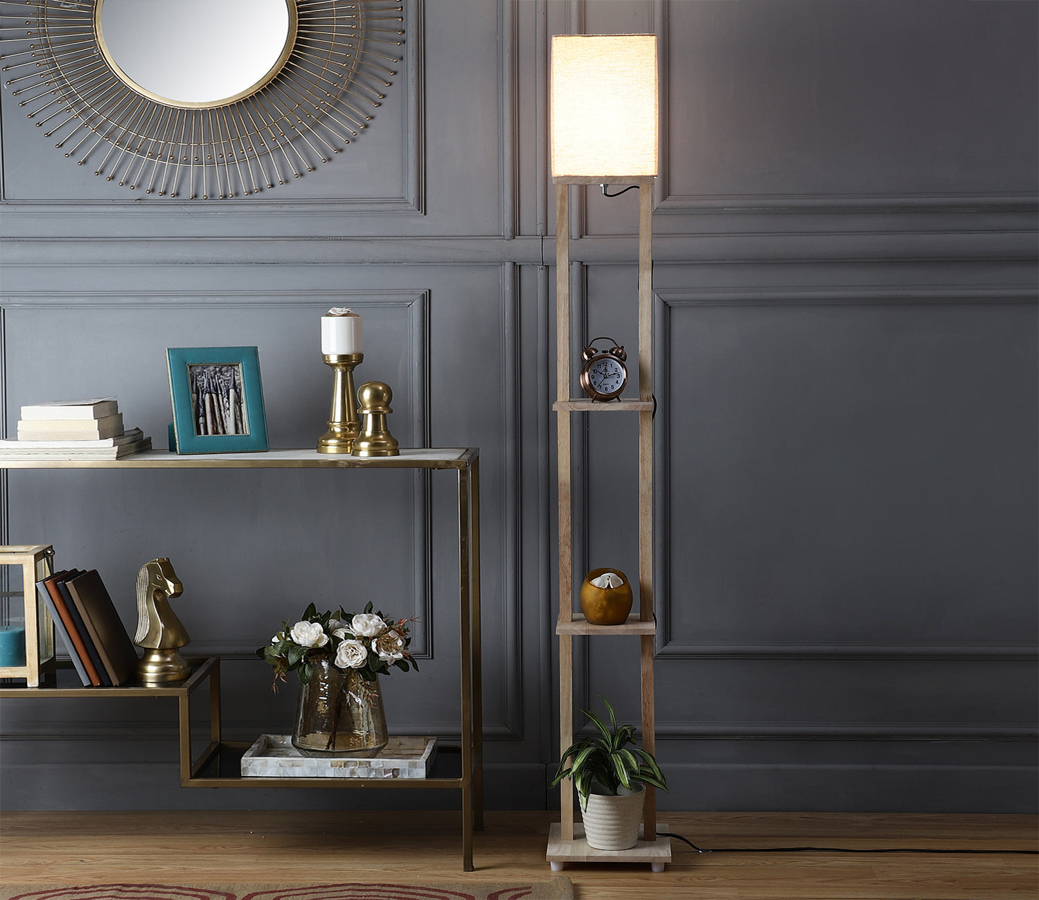 Beige Color Cotton Shade 3 Tier Shelf Storage Solid Wooden Floor Lamp