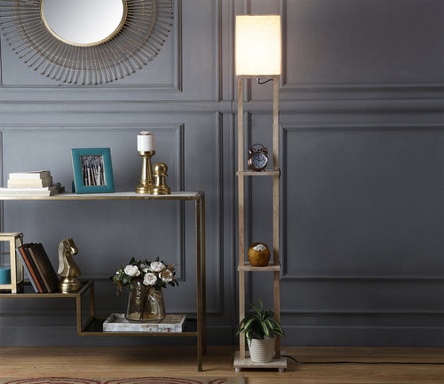 Beige Color Cotton Shade 3 Tier Shelf Storage Solid Wooden Floor Lamp