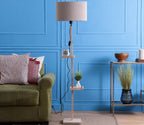 Beige Fabric Double Shelf Floor Lamp with Natural Solid Wood Color Base