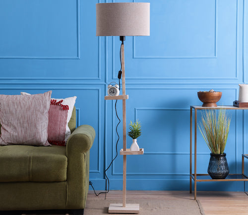 Beige Fabric Double Shelf Floor Lamp with Natural Solid Wood Color Base
