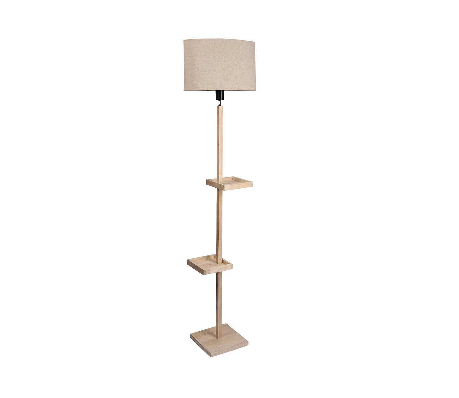 Beige Fabric Double Shelf Floor Lamp with Natural Solid Wood Color Base