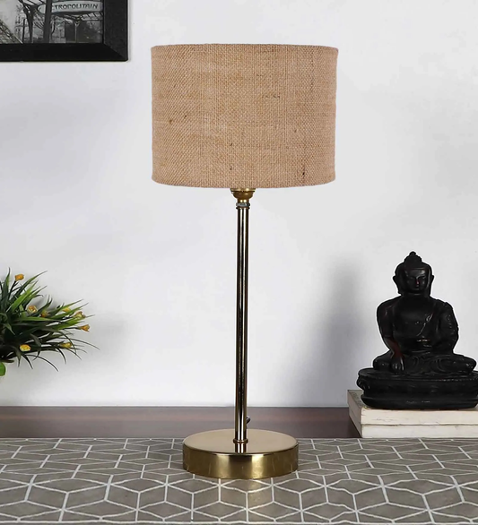 Beige Textured Cotton Metal Golden Finish Table Lamp