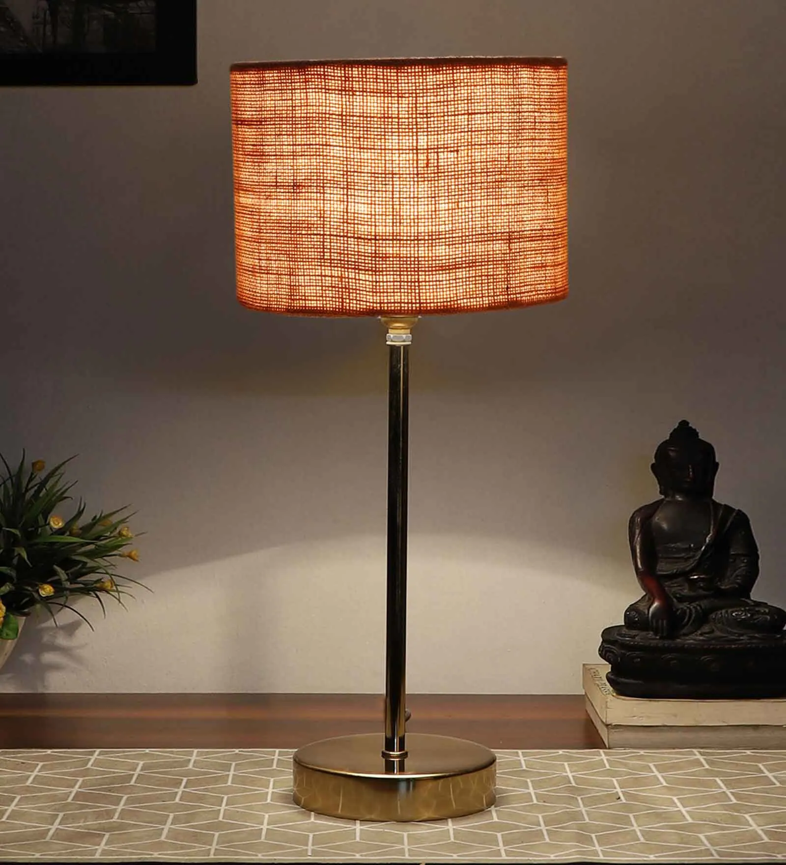 Beige Textured Cotton Metal Golden Finish Table Lamp