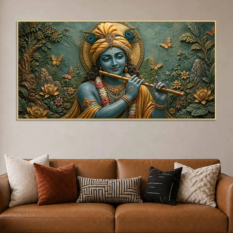 beloved-lord-krishna-with-flute-3d-bas-relief-type-canvas-wall-painting