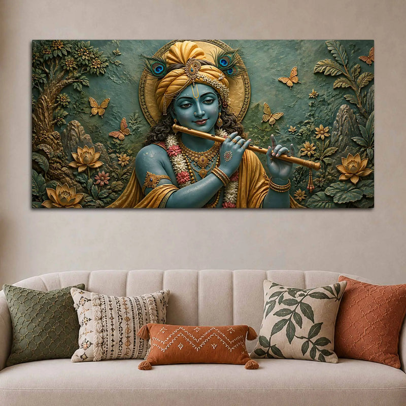 Beloved Lord Krishna with Flute 3D Bas-Relief Type Canvas Wall Painting
