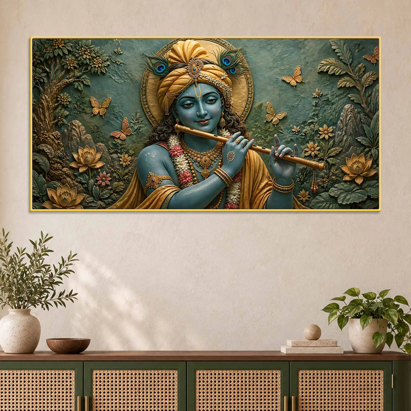 Beloved Lord Krishna with Flute 3D Bas-Relief Type Canvas Wall Painting