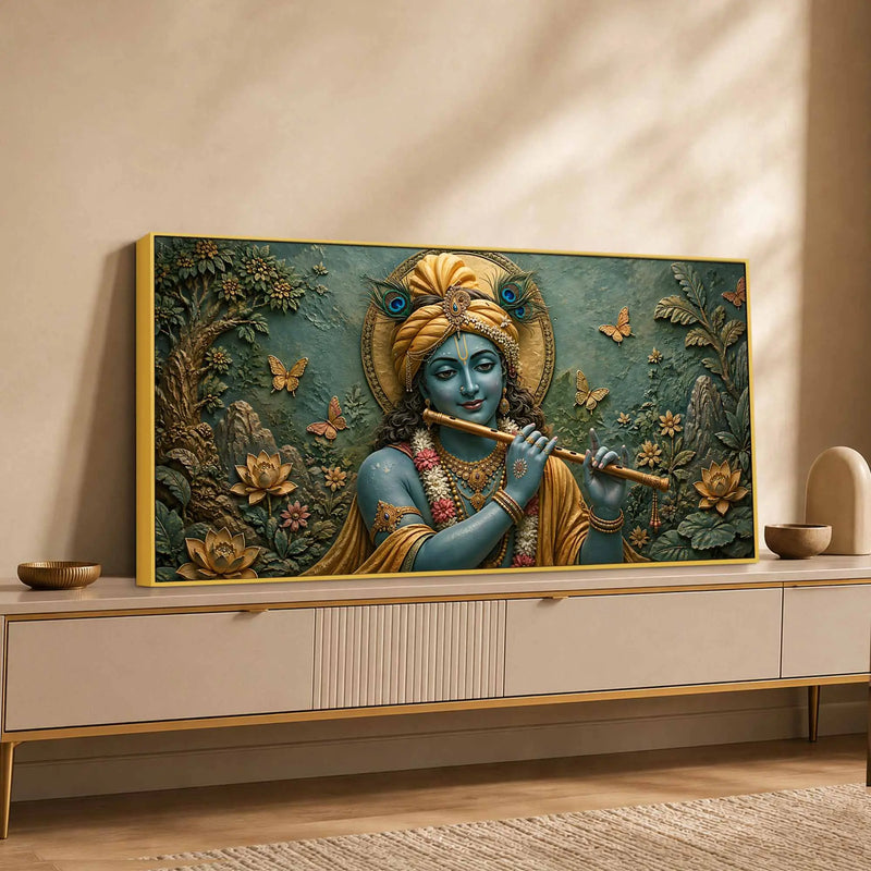 Beloved Lord Krishna with Flute 3D Bas-Relief Type Canvas Wall Painting