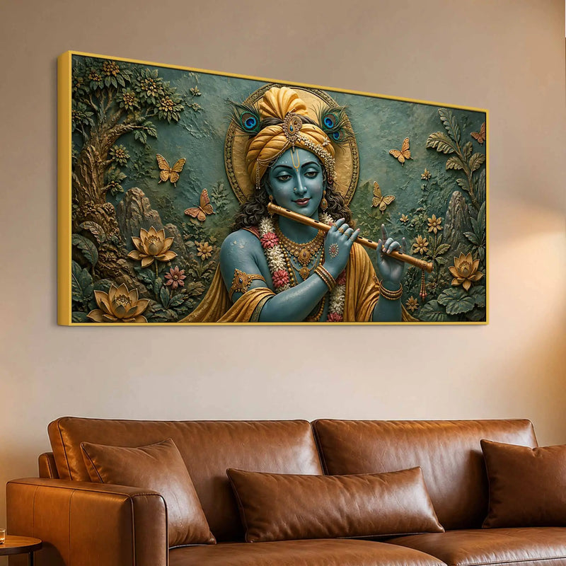 Beloved Lord Krishna with Flute 3D Bas-Relief Type Canvas Wall Painting