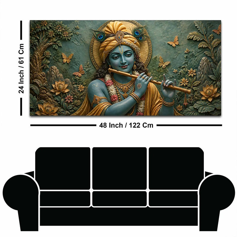Beloved Lord Krishna with Flute 3D Bas-Relief Type Canvas Wall Painting