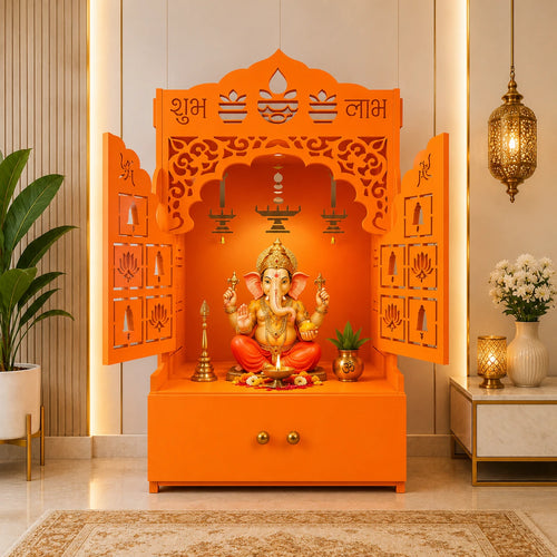 Bhagwa Wooden Floor Pooja Mandir with Laser-Cut Lotus & Bell Doors Shubh Labh Design Hanging Diya Motifs & Storage Cabinet