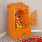 Bhagwa Wooden Floor Pooja Mandir with Laser-Cut Lotus & Bell Doors Shubh Labh Design Hanging Diya Motifs & Storage Cabinet