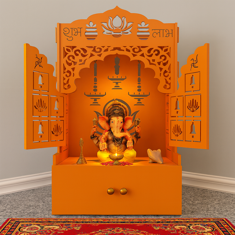 Bhagwa Wooden Floor Pooja Mandir with Laser-Cut Lotus & Bell Doors Shubh Labh Design Hanging Diya Motifs & Storage Cabinet