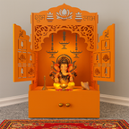 Bhagwa Wooden Floor Pooja Mandir with Laser-Cut Lotus & Bell Doors Shubh Labh Design Hanging Diya Motifs & Storage Cabinet