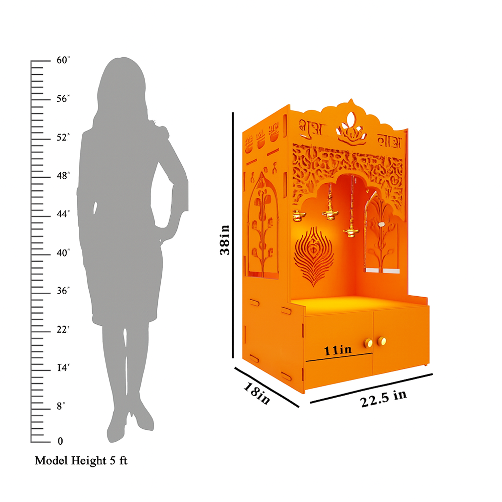 Bhagwa Wooden Floor Pooja Mandir with Laser-Cut Lotus & Bell Doors Shubh Labh Design Hanging Diya Motifs & Storage Cabinet