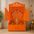 Bhagwa Wooden Floor Pooja Mandir with Laser-Cut Om & Shubh Labh Motif Doors with Storage Cabinet