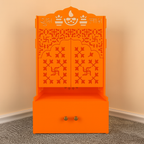Bhagwa Wooden Floor Pooja Mandir with Laser-Cut Om & Shubh Labh Motif Doors with Storage Cabinet