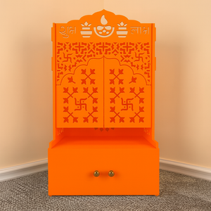 Bhagwa Wooden Floor Pooja Mandir with Laser-Cut Om & Shubh Labh Motif Doors with Storage Cabinet