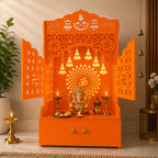 Bhagwa Wooden Floor Pooja Mandir with Laser-Cut Om & Shubh Labh Motif Doors with Storage Cabinet