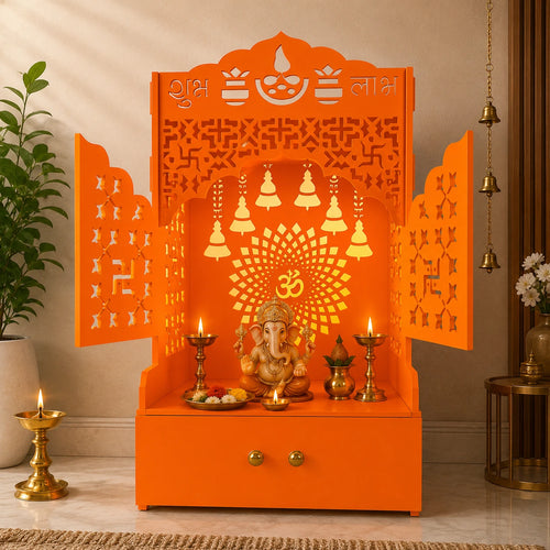 Bhagwa Wooden Floor Pooja Mandir with Laser-Cut Om & Shubh Labh Motif Doors with Storage Cabinet