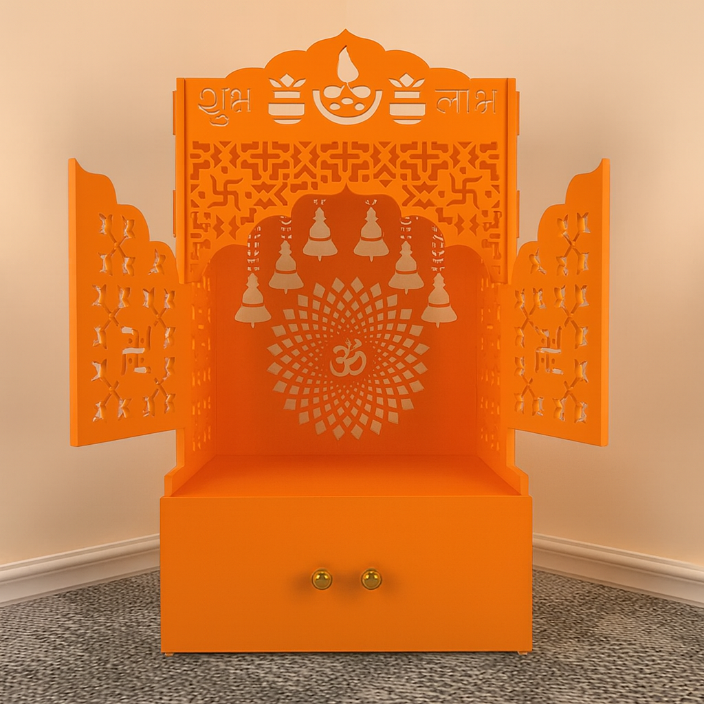 Bhagwa Wooden Floor Pooja Mandir with Laser-Cut Om & Shubh Labh Motif Doors with Storage Cabinet