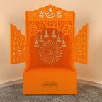 Bhagwa Wooden Floor Pooja Mandir with Laser-Cut Om & Shubh Labh Motif Doors with Storage Cabinet