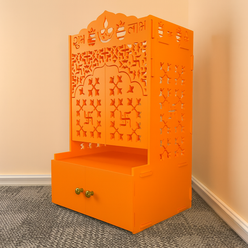 Bhagwa Wooden Floor Pooja Mandir with Laser-Cut Om & Shubh Labh Motif Doors with Storage Cabinet