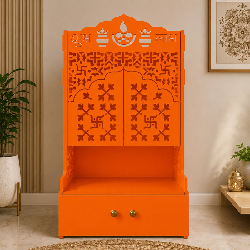Bhagwa Wooden Floor Pooja Mandir with Laser-Cut Om & Shubh Labh Motif Doors with Storage Cabinet