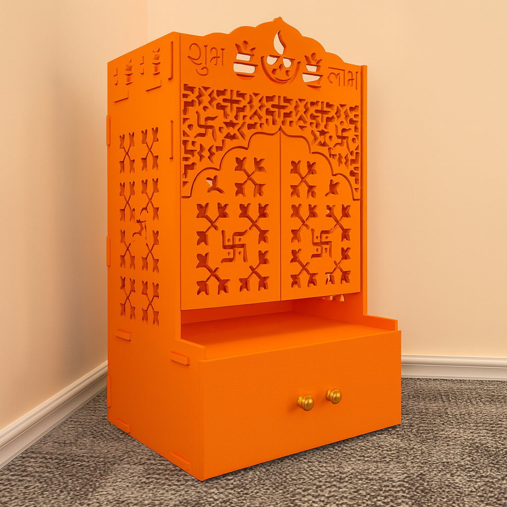 Bhagwa Wooden Floor Pooja Mandir with Laser-Cut Om & Shubh Labh Motif Doors with Storage Cabinet